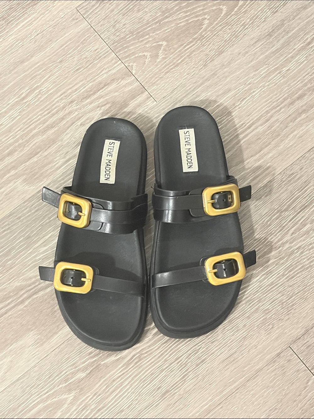 Steve Madden Black Slide Leather Sandals with Gold Buckles